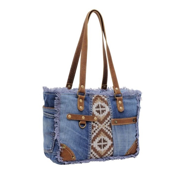 Myra Bag Handbags - Retro Denim 90s Vibe Tribal Myra Bag Rug & Leather Tote satchel Aztec New